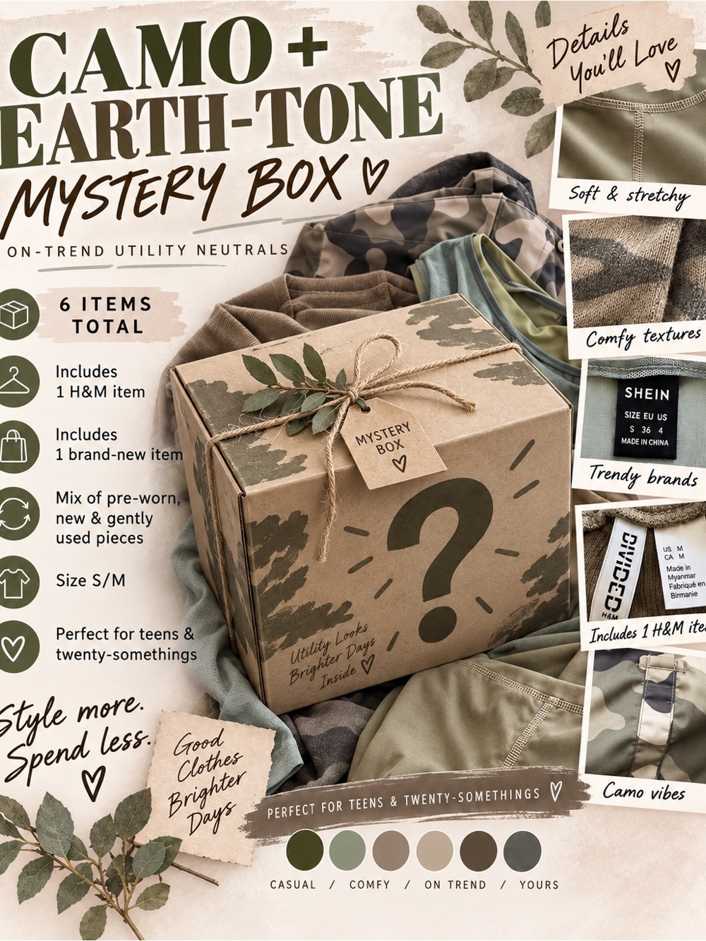 🌿 CAMO + EARTH-TONE MYSTERY BOX 📦❓ 6 PIECES • SIZE S/M
